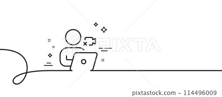 Video conference line icon. Continuous one line with curl. Online training sign. Webcam presentation symbol. Video conference single outline ribbon. Loop curve pattern. Vector Video conference line icon. Continuous one line with curl. Online training sign. Webcam presentation symbol. Video conference single outline ribbon. Loop curve pattern. Vector 114496009