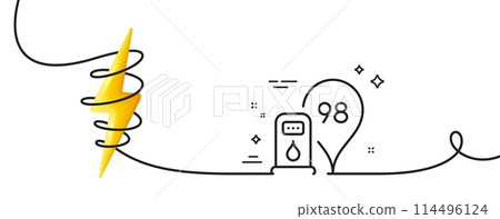 Petrol station line icon. Continuous one line with curl. Filling station location sign. 98 gasoline fuel symbol. Petrol station single outline ribbon. Loop curve with energy. Vector 114496124