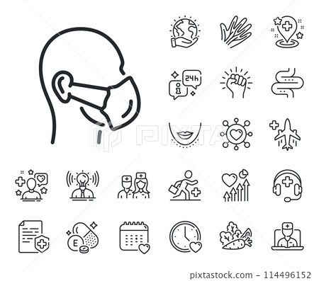 Safety breathing respiratory mask sign. Online doctor, patient and medicine outline icons. Medical mask line icon. Coronavirus face protection symbol. Medical mask line sign. Vector 114496152