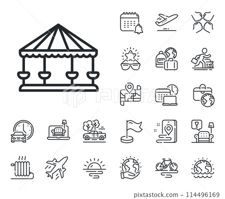 Amusement park sign. Plane jet, travel map and baggage claim outline icons. Carousels line icon. Carousels line sign. Car rental, taxi transport icon. Place location. Airport lounge. Vector Amusement park sign. Plane jet, travel map and baggage claim outline icons. Carousels line icon. Carousels line sign. Car rental, taxi transport icon. Place location. Airport lounge. Vector 114496169