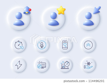 Swipe up, Love chat and Delivery online line icons. Placeholder with 3d cursor, bell, star. Pack of Energy, Freezing, No microphone icon. Timer, Web system pictogram. For web app, printing. Vector 114496201
