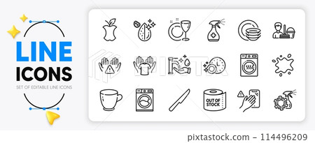 Dishwasher timer, Washing hands and Hold t-shirt line icons set for app include Dont touch, Clean hands, Dishes outline thin icon. Toilet paper, Dirty spot, Cleaning service pictogram icon. Vector 114496209