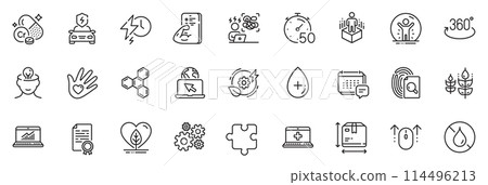 Icons pack as Chromium mineral, Recovered person and Cogwheel line icons for app include Chemical formula, Social responsibility, Swipe up outline thin icon web set. Puzzle, Oil serum. Vector 114496213
