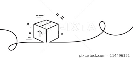 Delivery box line icon. Continuous one line with curl. Logistics shipping sign. Parcels tracking symbol. Package single outline ribbon. Loop curve pattern. Vector Delivery box line icon. Continuous one line with curl. Logistics shipping sign. Parcels tracking symbol. Package single outline ribbon. Loop curve pattern. Vector 114496331