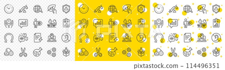 Outline Chemistry lab, Cogwheel and Attention line icons pack for web with Analytical chat, No hearing, Omega line icon. Vaccine attention, Power certificate, Cut pictogram icon. Vector Outline Chemistry lab, Cogwheel and Attention line icons pack for web with Analytical chat, No hearing, Omega line icon. Vaccine attention, Power certificate, Cut pictogram icon. Vector 114496351