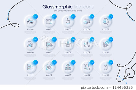 Set of Online quiz, Car charging and Cut tax line icons for web app. Truck transport, Engineering team, Cursor icons. Send box, Card, Technical info signs. Swipe up, Fake news. Vector 114496356