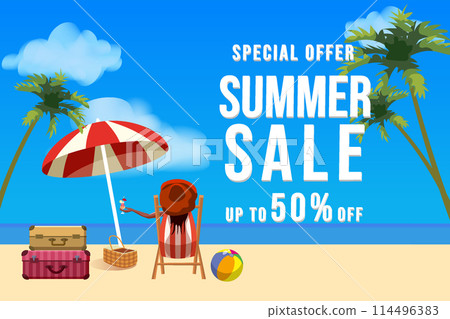 Summer sale banner. Tropical beach, woman in the beach chair, stage, surf, umbrella, palm leaves, sky, cloud Summer sale banner. Tropical beach, woman in the beach chair, stage, surf, umbrella, palm leaves, sky, cloud 114496383