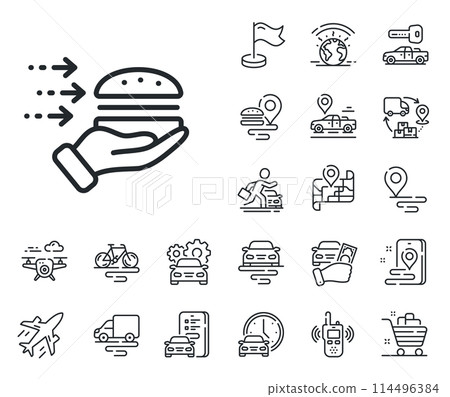 Burger meal sign. Plane, supply chain and place location outline icons. Food delivery line icon. Catering service symbol. Food delivery line sign. Taxi transport, rent a bike icon. Travel map. Vector Burger meal sign. Plane, supply chain and place location outline icons. Food delivery line icon. Catering service symbol. Food delivery line sign. Taxi transport, rent a bike icon. Travel map. Vector 114496384