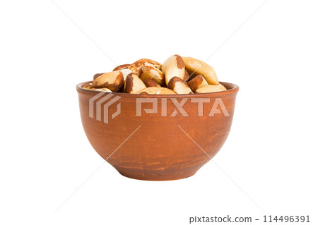 Roasted Brazil nut in bowl isolated on white background. Brazil nut is snack or raw of cook. Healthy food concept Roasted Brazil nut in bowl isolated on white background. Brazil nut is snack or raw of cook. Healthy food concept 114496391