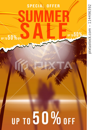 Summer Sale Template poster. Yellow sticker with wrinckles Summer Sale Template poster. Yellow sticker with wrinckles 114496392