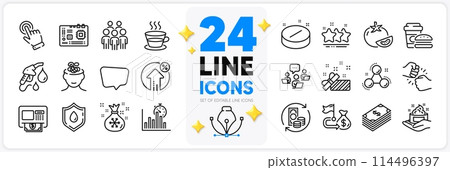Icons set of Chat message, Stars and Change money line icons pack for app with Loan percent, Teamwork, Chemistry molecule thin outline icon. Petrol station, Motherboard, Group people pictogram. Vector 114496397