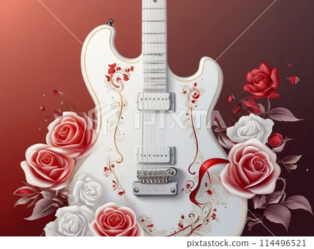 White electric guitar and red rose 114496521