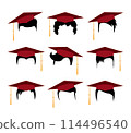 Set of black hair silhouettes with red graduation caps. Jpeg modern haircuts with education student caps for men or women, isolated on white 114496540