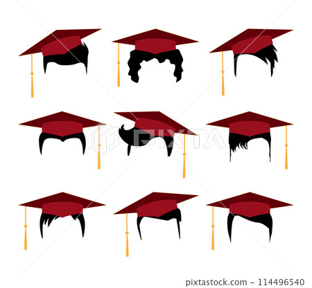 Set of black hair silhouettes with red graduation caps. Jpeg modern haircuts with education student caps for men or women, isolated on white 114496540