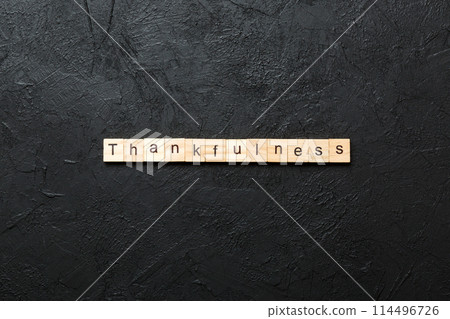 Thankfulness word written on wood block. Thankfulness text on cement table for your desing, concept Thankfulness word written on wood block. Thankfulness text on cement table for your desing, concept 114496726