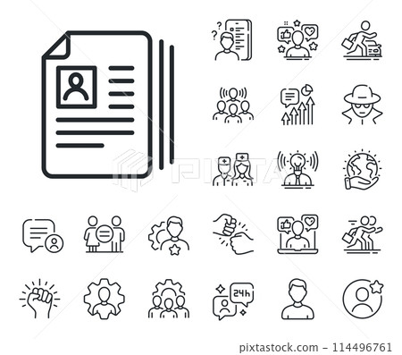 CV documents or Portfolio sign. Specialist, doctor and job competition outline icons. Business recruitment line icon. CV documents line sign. Avatar placeholder, spy headshot icon. Vector 114496761