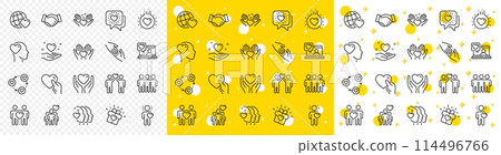 Interaction, Mutual understanding and assistance business. Friendship and love line icons. Trust handshake, social responsibility, mutual love icons. Trust friends, partnership. Vector 114496766