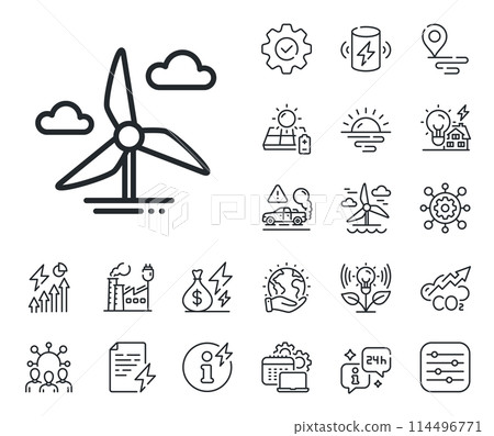 Wind power energy sign. Energy, Co2 exhaust and solar panel outline icons. Windmill turbine line icon. Alternative supply symbol. Windmill turbine line sign. Eco electric or wind power icon. Vector 114496771
