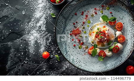 gourmet dish with tomato from Michelin restaurant as background 114496779