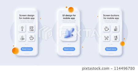 Coffee, Coffee cup and Water care line icons pack. 3d phone mockups with cursor. Glass smartphone screen. Whiskey glass, Food, Wineglass web icon. Tea mug pictogram. For web app, printing. Vector 114496780