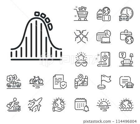 Amusement park sign. Plane jet, travel map and baggage claim outline icons. Roller coaster line icon. Carousels symbol. Roller coaster line sign. Car rental, taxi transport icon. Vector 114496804