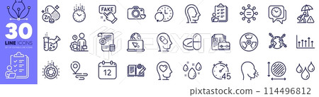 Inspect, Growth chart and Place line icons pack. Photo camera, Circle area, Chemistry lab web icon. Zinc mineral, Chemical hazard, Engineering documentation pictogram. Waterproof. Vector 114496812