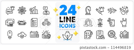 Icons set of Winner podium, Clean bubbles and Calendar line icons pack for app with Marketing strategy, Car, Promotion bell thin outline icon. Cloud computing, Vaccine announcement. Vector 114496819