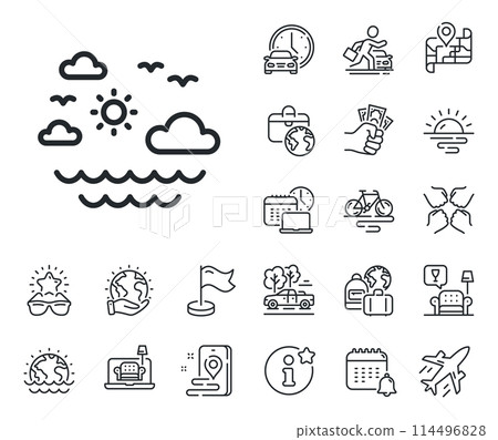 Sun, clouds and waves sign. Plane jet, travel map and baggage claim outline icons. Travel sea line icon. Summer holidays symbol. Travel sea line sign. Car rental, taxi transport icon. Vector Sun, clouds and waves sign. Plane jet, travel map and baggage claim outline icons. Travel sea line icon. Summer holidays symbol. Travel sea line sign. Car rental, taxi transport icon. Vector 114496828