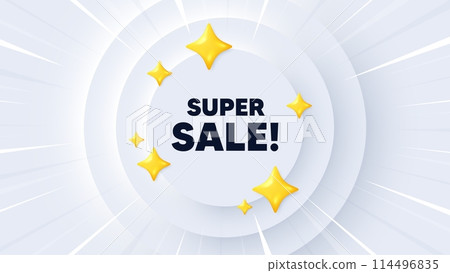 Super Sale tag. Neumorphic banner with sunburst. Special offer price sign. Advertising Discounts symbol. Super sale message. Banner with 3d stars. Circular neumorphic template. Vector Super Sale tag. Neumorphic banner with sunburst. Special offer price sign. Advertising Discounts symbol. Super sale message. Banner with 3d stars. Circular neumorphic template. Vector 114496835