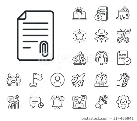 Document file symbol. Salaryman, gender equality and alert bell outline icons. CV attachment line icon. Attachment line sign. Spy or profile placeholder icon. Online support, strike. Vector Document file symbol. Salaryman, gender equality and alert bell outline icons. CV attachment line icon. Attachment line sign. Spy or profile placeholder icon. Online support, strike. Vector 114496941