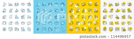 Vector icons set of Tax document, Job and Delivery discount line icons pack for web with Block diagram, Wallet money, Shopping basket outline icon. Inspect, Decreasing graph. Vector Vector icons set of Tax document, Job and Delivery discount line icons pack for web with Block diagram, Wallet money, Shopping basket outline icon. Inspect, Decreasing graph. Vector 114496957