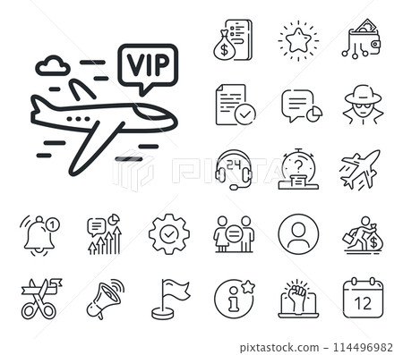 Very important person airplane sign. Salaryman, gender equality and alert bell outline icons. Vip flight line icon. Charter plane symbol. Vip flight line sign. Spy or profile placeholder icon. Vector Very important person airplane sign. Salaryman, gender equality and alert bell outline icons. Vip flight line icon. Charter plane symbol. Vip flight line sign. Spy or profile placeholder icon. Vector 114496982