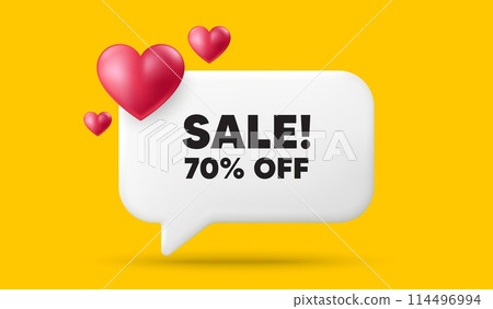 Sale 70 percent off discount. 3d speech bubble banner with hearts. Promotion price offer sign. Retail badge symbol. Sale chat speech message. 3d offer talk box. Vector 114496994