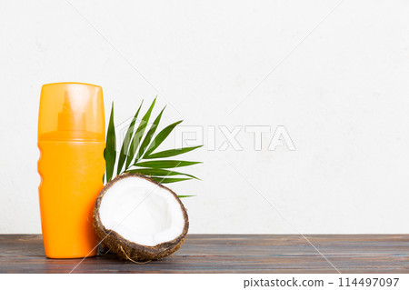 dispenser bottle and Citrus fruit in skincare product. beauty spa medical skincare and cosmetic lotion bottle cream product on table decor background with summer accessories dispenser bottle and Citrus fruit in skincare product. beauty spa medical skincare and cosmetic lotion bottle cream product on table decor background with summer accessories 114497097