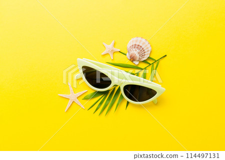 sunglasses with seashell lying on table background. Sunglasses on summer background. Top view flat lay with copy space for text sunglasses with seashell lying on table background. Sunglasses on summer background. Top view flat lay with copy space for text 114497131