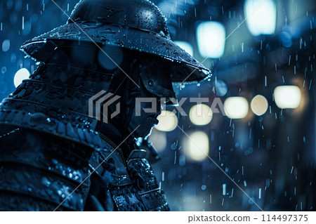 Samurai warrior in rain at night 114497375