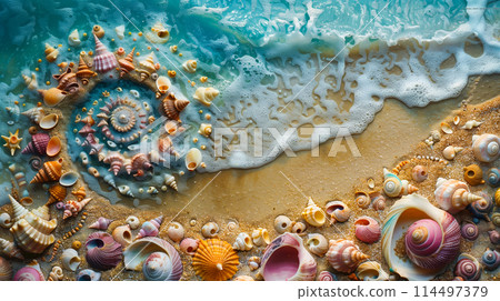 Coastal artistry with shells and foamy waves 114497379