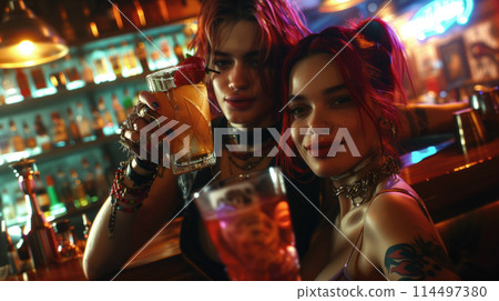 Cheerful friends toasting drinks at bar 114497380