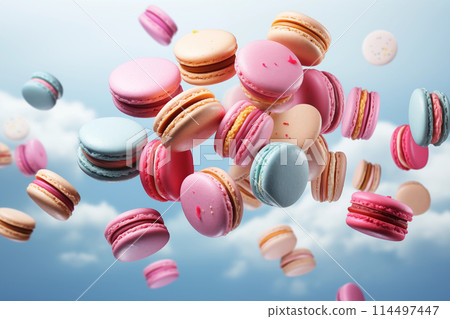 Floating colorful macarons on transparent background 114497447
