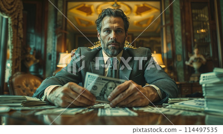 Businessman counting money in opulent office 114497535
