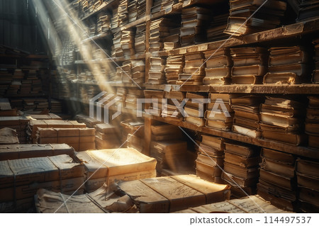 Sunlight illuminating an archive room with classified files 114497537