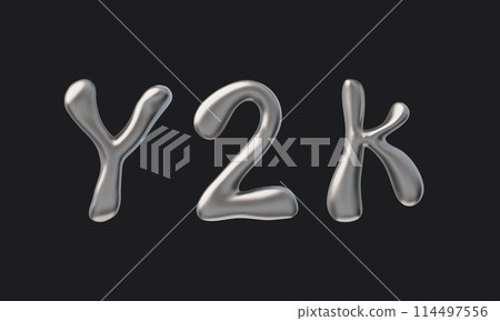 Liquid font with chrome surface y2k on isolated black background. 114497556