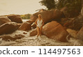 Portrait of a woman with long blond hair on a tropical beach 114497563