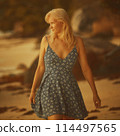 Portrait of a woman with long blond hair on a tropical beach 114497565