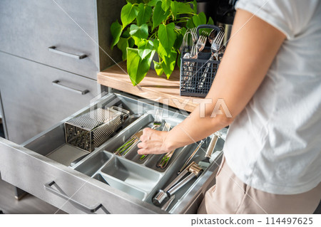 Housewife hands tidying up cutlery after dishwasher machine. Woman neatly assembling fork, spoon, knife accessories for storage organization  Housewife hands tidying up cutlery after dishwasher machine. Woman neatly assembling fork, spoon, knife accessories for storage organization  114497625