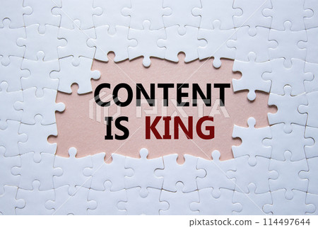 Content is king symbol. Concept words Content is king on white puzzle. Beautiful pink background. Business and Content is king concept. Copy space. 114497644