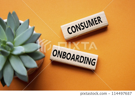 Consumer Onboarding symbol. Wooden blocks with words Consumer Onboarding. Beautiful orange background with succulent plant. Business and Consumer Onboarding concept. Copy space. 114497687