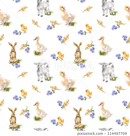 Bunny, chick and gosling watercolor Easter print. Baby animals with spring flowers seamless pattern isolated on white. Pets illustration and blue floral hand drawn. For textile, paper, backdrop Bunny, chick and gosling watercolor Easter print. Baby animals with spring flowers seamless pattern isolated on white. Pets illustration and blue floral hand drawn. For textile, paper, backdrop 114497709