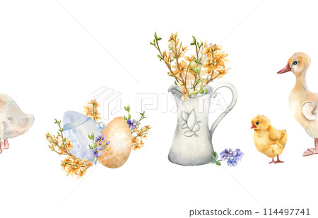 Easter watercolor seamless border with colorful eggs and first spring flowers isolated on white. Flowers in jug with farm pets hand drawn for Easter design. Chick, gosling painted Easter watercolor seamless border with colorful eggs and first spring flowers isolated on white. Flowers in jug with farm pets hand drawn for Easter design. Chick, gosling painted 114497741