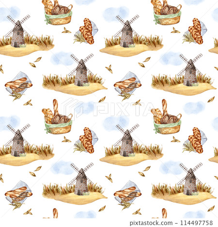 Windmill with various kind bread in watercolor seamless pattern isolated on white background. Rustic landscape with rye for bakery in sketch style hand drawn. Design for package, wrapping paper Windmill with various kind bread in watercolor seamless pattern isolated on white background. Rustic landscape with rye for bakery in sketch style hand drawn. Design for package, wrapping paper 114497758